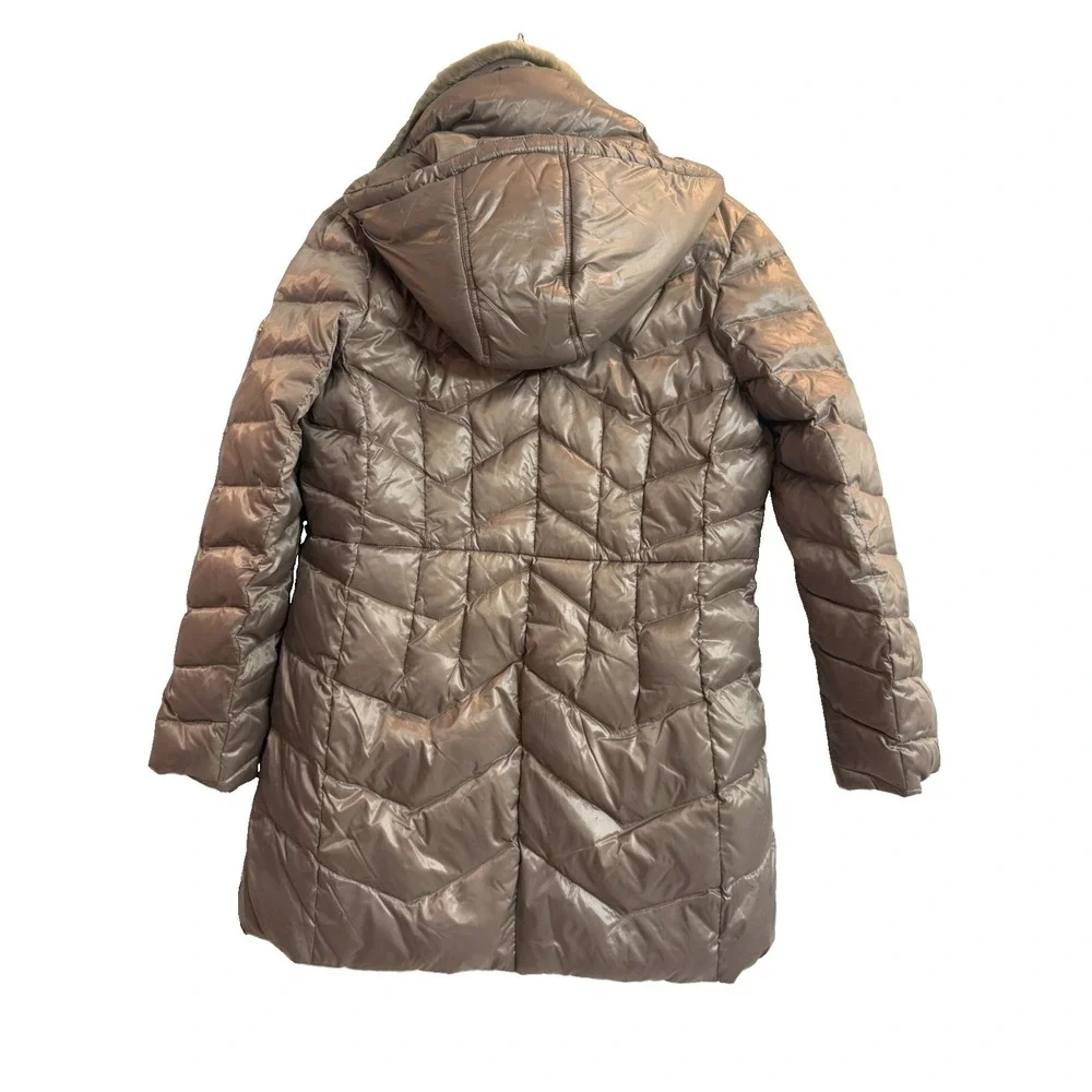 Michael Kors Taupe Chevron Down Puffer Jacket Faux Fur Collar Gold Zip Women M